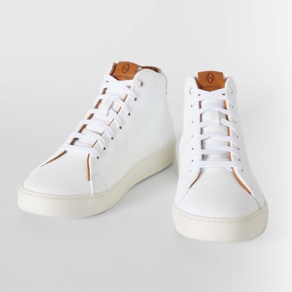 hawk and sole bianco white luxury sneaker high top front view